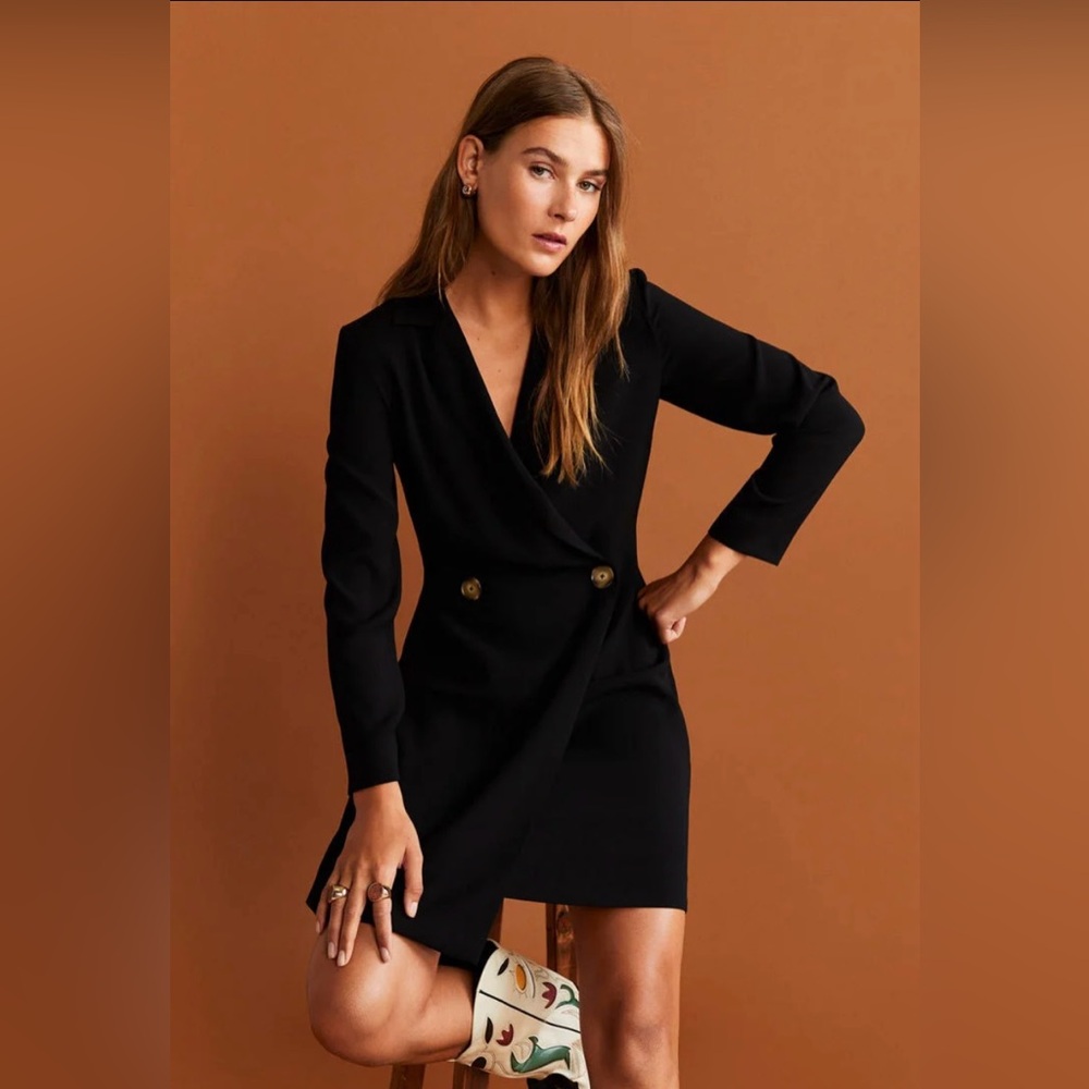 NWT Mango Buttoned Wrap Dress Women Size XS Black Mini Long Sleeve V Neck Blazer